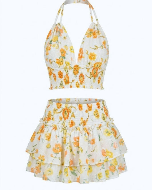 Conjunto Artesanal Bassa - Top Halter y Falda Floral Bordada