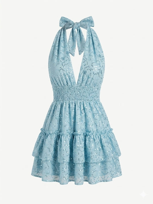 Vestido Corto Ibicenco Ibiza - Encaje Calado y Lentejuelas Azul