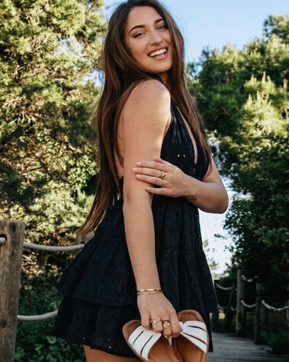 Vestido Corto Boho Bora - Algodón Negro con Bordados