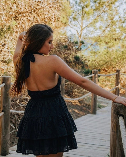 Vestido Corto Boho Bora - Algodón Negro con Bordados