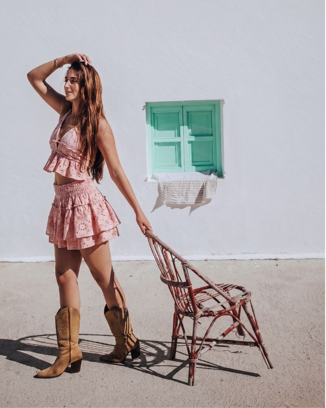 Conjunto de Algodón Portinax - Top Halter y Falda Calada Rosa