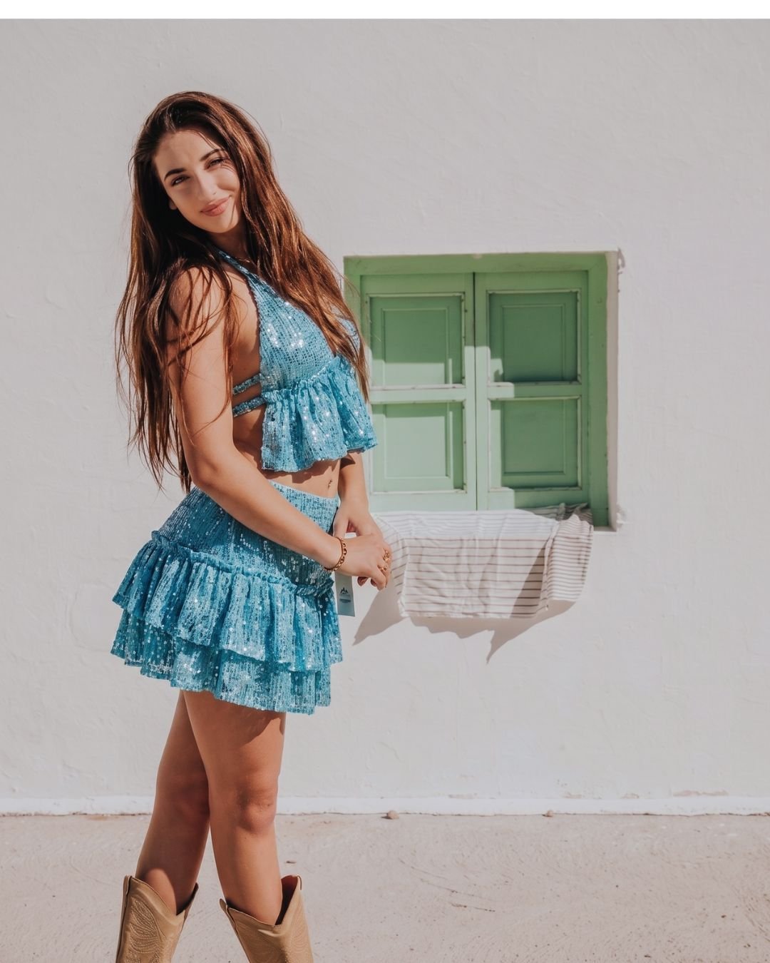 Conjunto de Algodón Portinax Blue - Top Halter y Falda con Lentejuelas