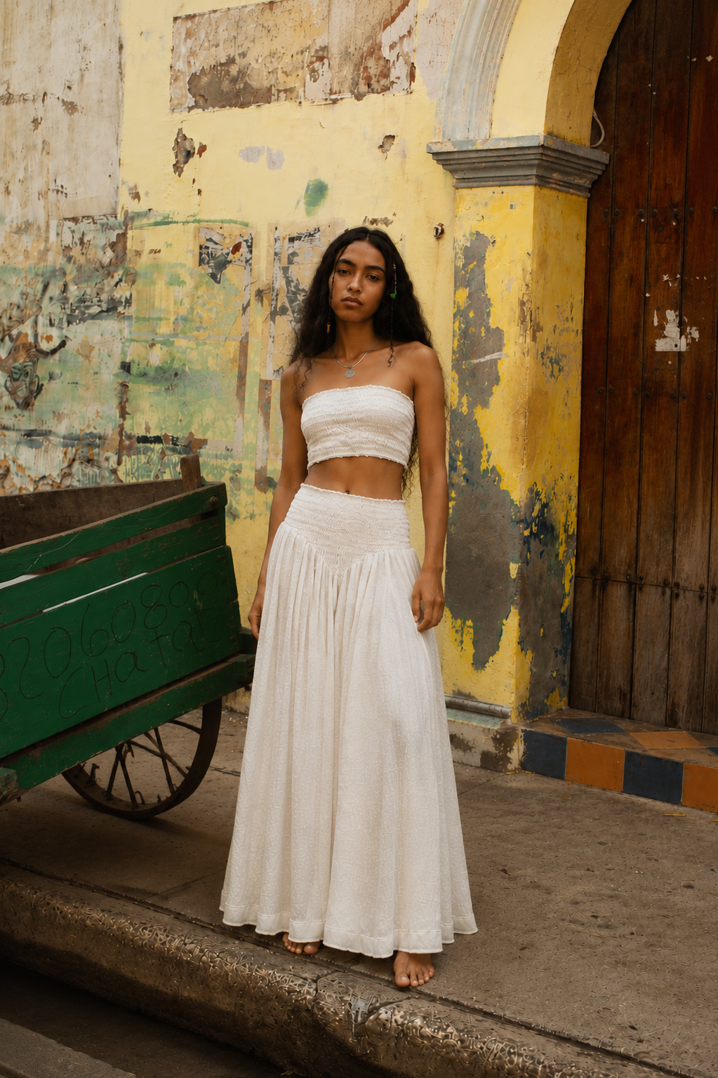 Lightweight Cotton Set - Strapless Top and White Long Pants