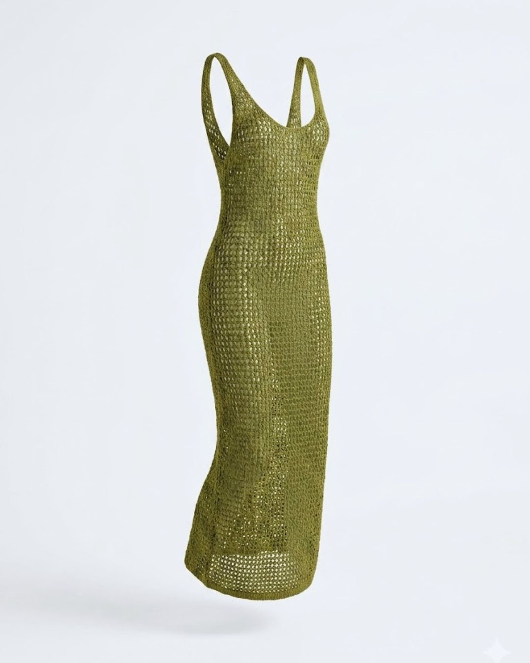 Vestido midi crochet verde con silueta entallada, perfecto para el verano junto al mar o la piscina.