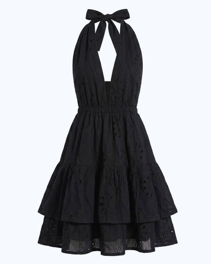 Vestido Corto Boho Bora - Algodón Negro con Bordados