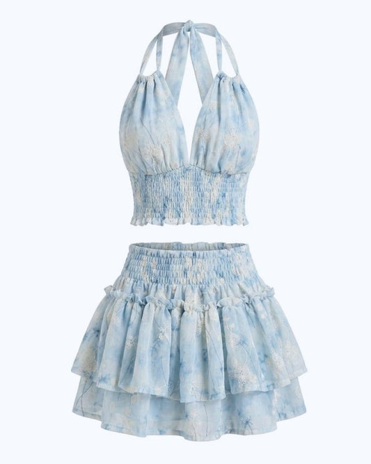 Conjunto Artesanal Silencio - Top Halter y Falda Acuarela Azul
