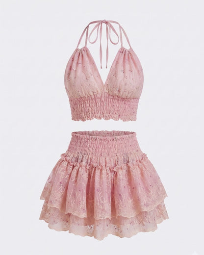 Conjunto Artesanal Amante - Top Halter y Falda Rosa Empolvado