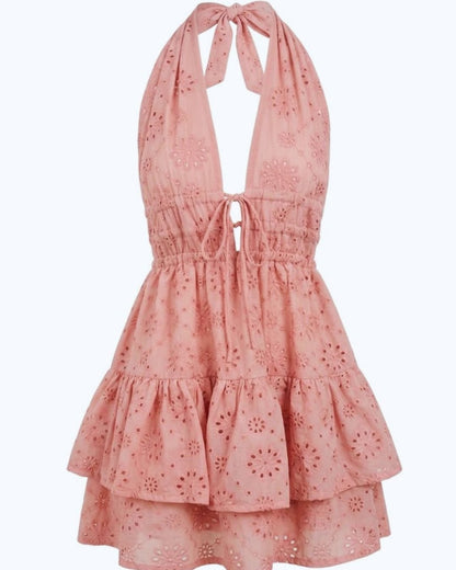 Vestido Corto Gracioneta - Algodón Bordado Perforado Rosa