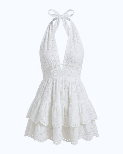Vestido Corto Ibicenco Saona - Algodón Calado Blanco