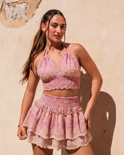 Conjunto Artesanal Amante - Top Halter y Falda Rosa Empolvado