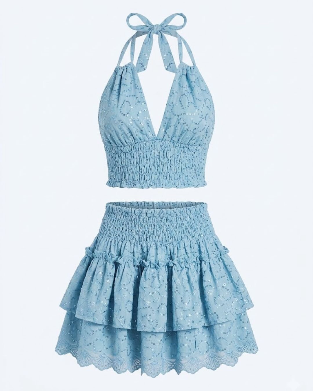 Conjunto de Algodón Portinax Blue - Top Halter y Falda con Lentejuelas
