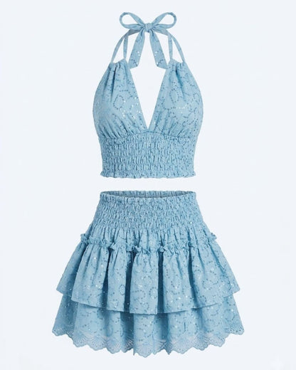 Conjunto de Algodón Portinax Blue - Top Halter y Falda con Lentejuelas