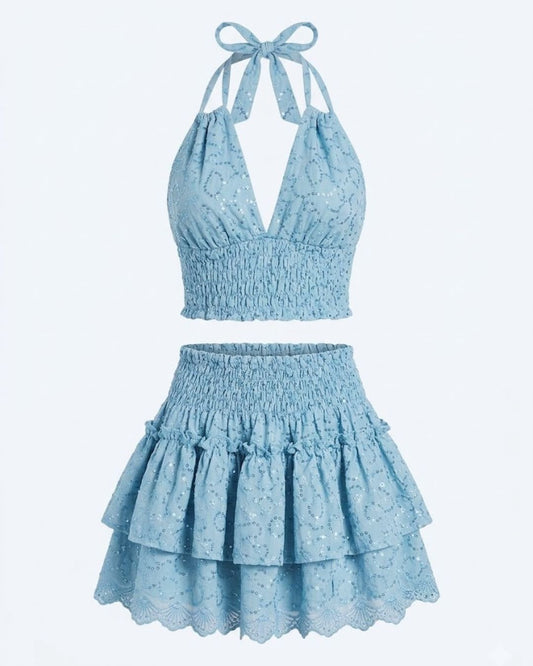 Conjunto de Algodón Portinax Blue - Top Halter y Falda con Lentejuelas