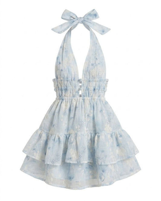 Vestido Corto Artesanal Silencio - Escote Halter y Acuarela Azul