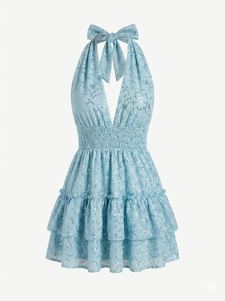 Vestido Corto Ibicenco Ibiza - Encaje Calado y Lentejuelas Azul