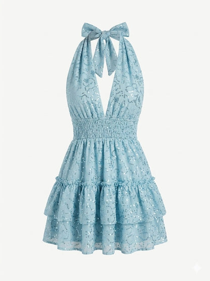 Vestido Corto Ibicenco Ibiza - Encaje Calado y Lentejuelas Azul