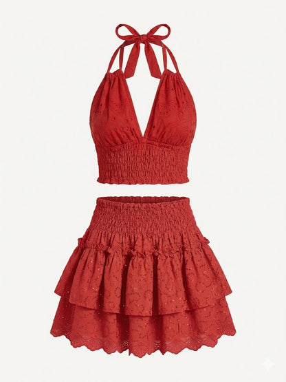 Conjunto de Algodón Cala Jondal - Crop Top y Falda Perforada Rojo