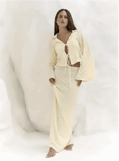 Top Crop Boho Hailey - Mangas de Campana y Textura Gofre Amarillo