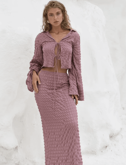 Falda Maxi Larga Sarai - Textura Gofre Rosado Empolvado