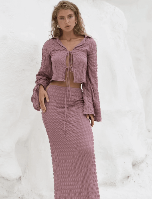 Top Crop Boho Sarai - Mangas de Campana y Textura Gofre Rosa