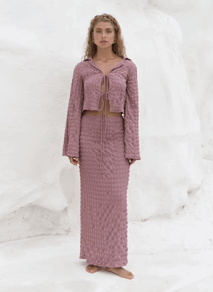 Falda Maxi Larga Sarai - Textura Gofre Rosado Empolvado