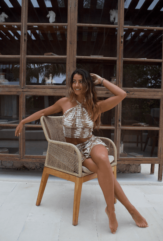 Conjunto de Algodón Nativa - Top Halter Ajustable y Falda Marrón