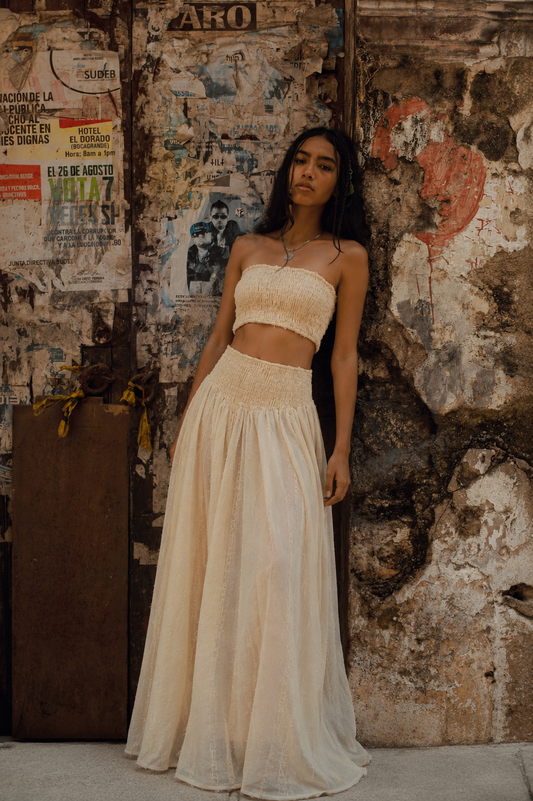 Cotton Light Set - Bandeau Top and Yellow Wide-Leg Trousers