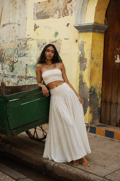Lightweight Cotton Set - Strapless Top and White Long Pants