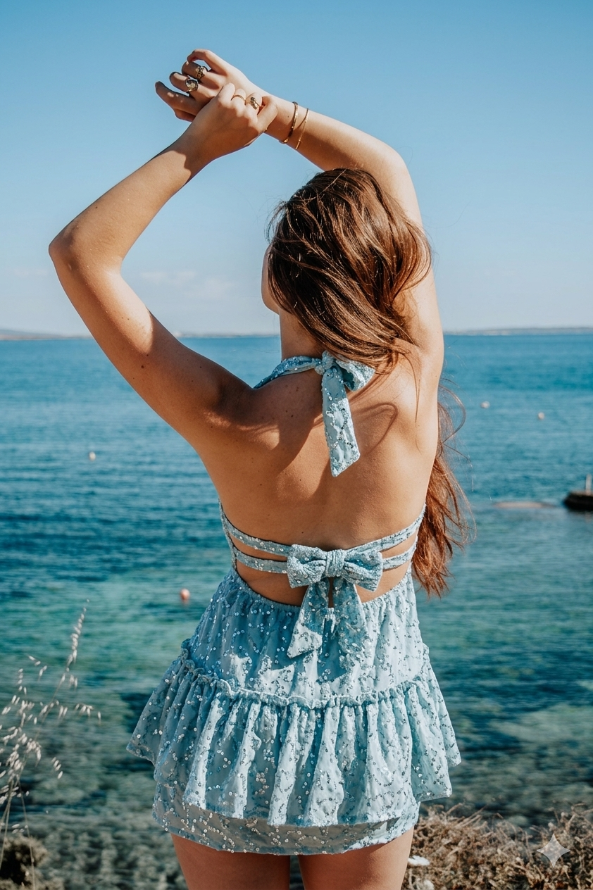 Vestido Corto Ibicenco Ibiza - Encaje Calado y Lentejuelas Azul