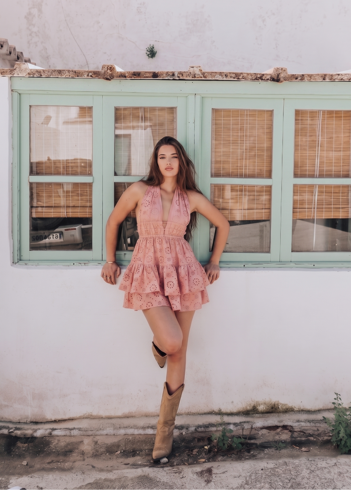 Vestido Corto Gracioneta - Algodón Bordado Perforado Rosa