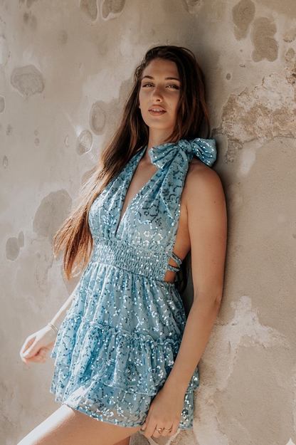Vestido Corto Ibicenco Ibiza - Encaje Calado y Lentejuelas Azul
