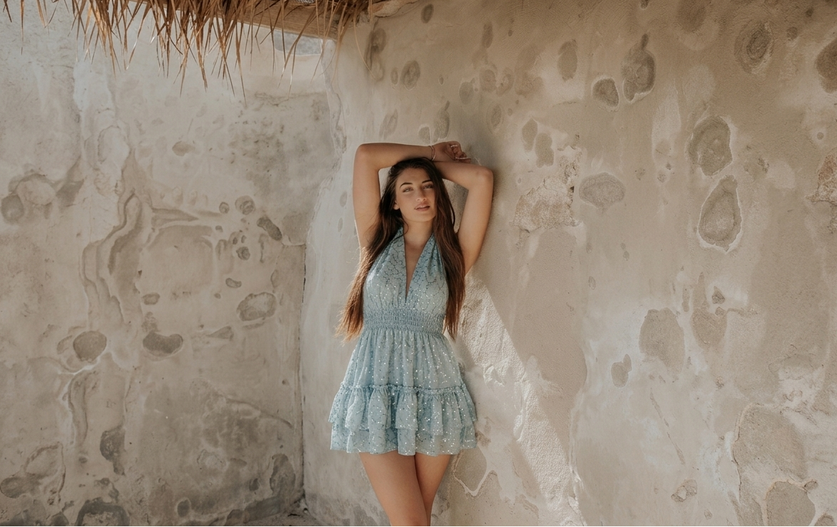 Vestido Corto Ibicenco Ibiza - Encaje Calado y Lentejuelas Azul