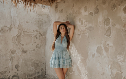 Vestido Corto Ibicenco Ibiza - Encaje Calado y Lentejuelas Azul
