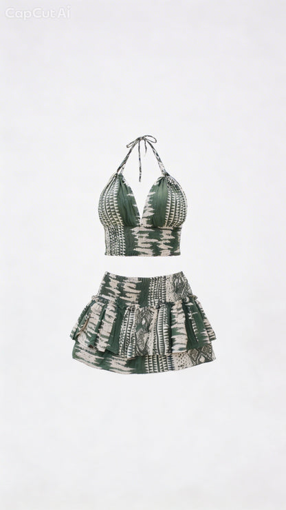 Conjunto de Algodón Nativa - Top Halter Ajustable y Falda Verde