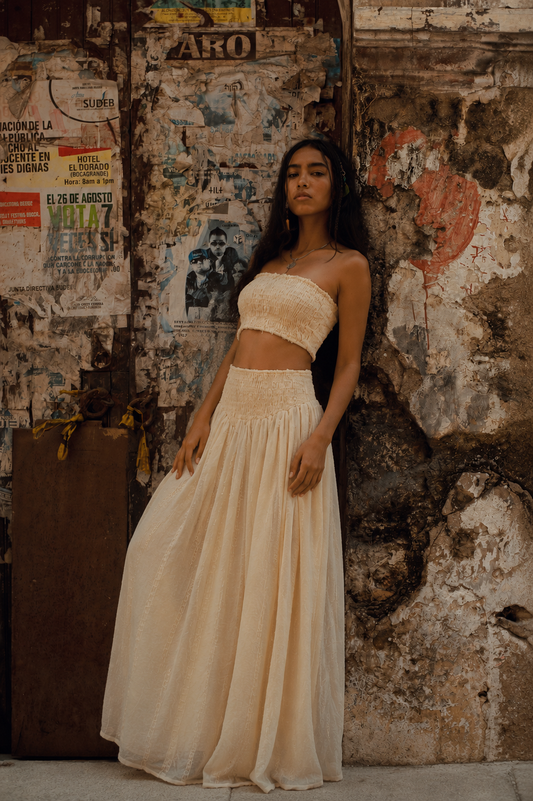 Cotton Light Set - Bandeau Top and Yellow Wide-Leg Trousers