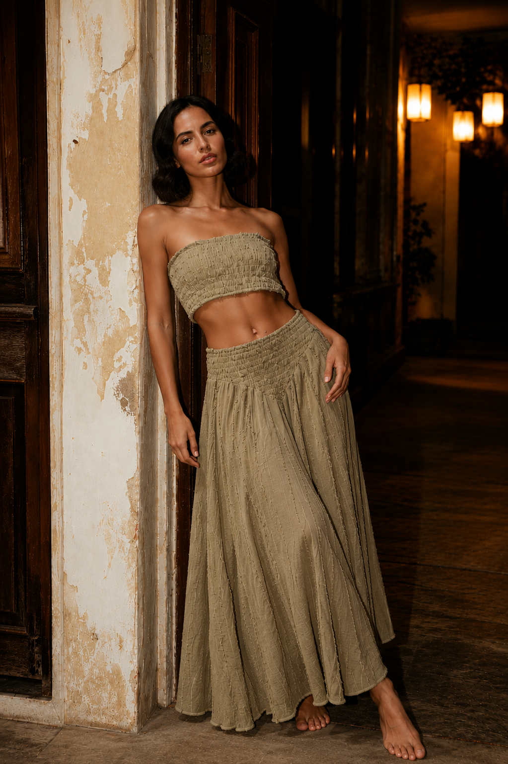 Light Cotton Set - Bandeau Top and White Long Trousers
