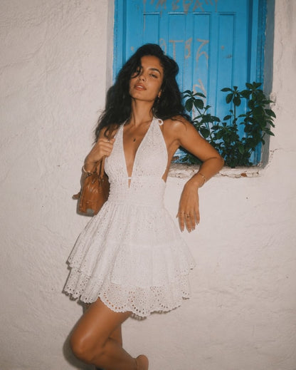 Saona Short Ibiza Dress - White Openwork Cotton